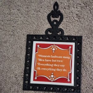 Vintage Cast Iron Trivet Or Hotpot with Orange Quote Tile
